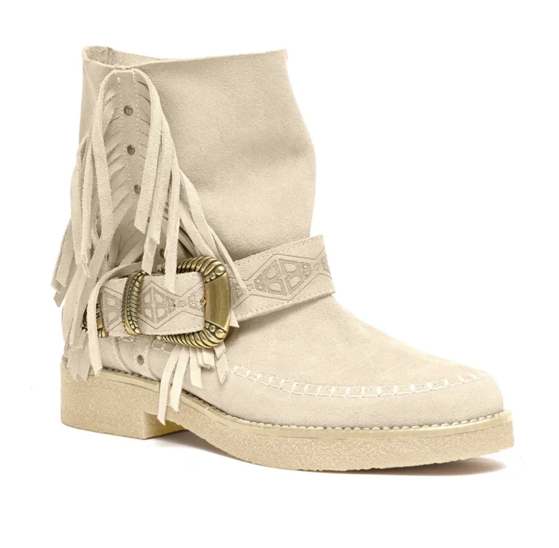 Cha-Label Moc Low Buckle Fringe Cream Boots - Afbeelding 3